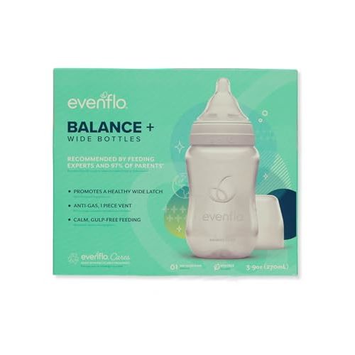 Evenflo Feeding Balance+ Bottles, Wide, 0+ Months, Slow Flow, 3 Bottles, 9 oz (270 ml) Each