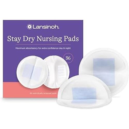 Lansinoh Stay Dry Lot de 36 coussinets d'allaitement jetables, ultra fins avec couverture complète, doux et super absorbants, essentiels d'allaitement pour mamans