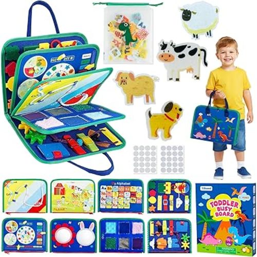 Tilhumt 8 in 1 Busy Book for Toddler 1-3, Montessori Boy Board with Storage Bag for Travel Quiet Learning Sensory Toys, Felt Busy Book for Baby Educational Gift Activities Fine Motor Skills