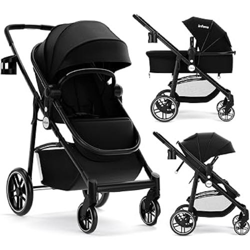 INFANS 2 in 1 Baby Stroller with Reversible Seat for Newborn to Toddler | Foldable Infant Pushchair with Suspension Wheels, Multi-Position Recline, UPF 50+ Canopy, Cup Holder, Large Basket, Black
