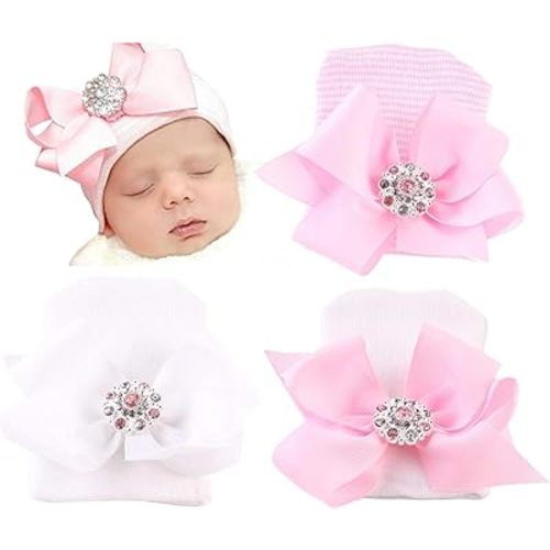 DRESHOW BQUBO Newborn Hospital Hat with Bow Cotton Infant Baby Cap Soft Cute Nursery Beanie Hat for Baby Girl Boy 0-3 Months