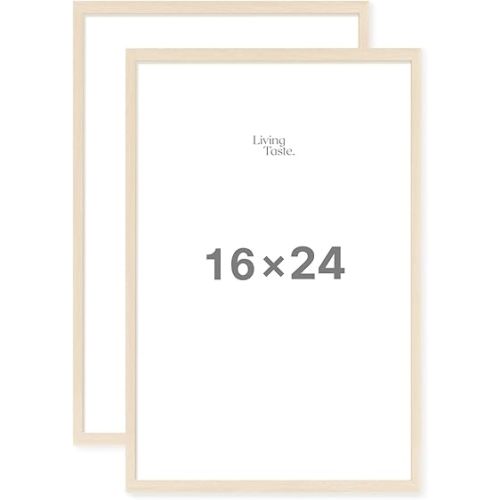 16x24 Picture Frame Set of 2 - Natural Wood with Beige Woodgrain Finish Frames, Shatterproof Plexiglass, 16 by 24 inches Open Display, Easy Hanging Wall Decor