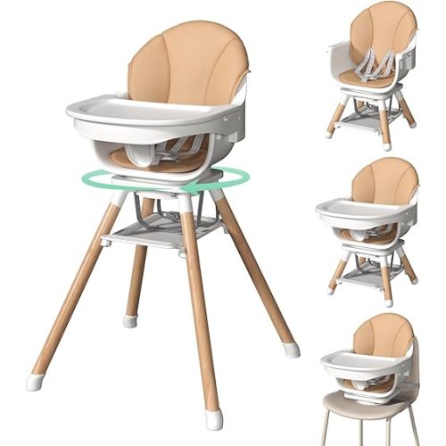 EROMMY 360° Swivel Baby High Chair,6-in-1 Convertible Wooden High Chair for Babies and Toddlers-Baby Feeding Chair with 5-Point Harness,Adjustable Highchair Features,Removable Double Tray