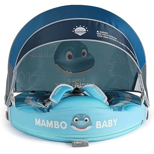 Mambobaby Float Add Tail Baby Swim Float with Canopy Solid Pool Infant Swim Trainer Swimming Training Lying Air Free Water Floats Non-Inflatable Waist Swim Ring for Toddlers (Dinosaur)
