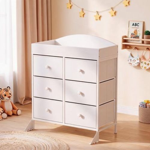 2 In 1 Convertible Baby Changing Station 6 Drawer Kids Storage Dresser 37.4 Inch Ergonomic Height Anti Tip Guard Rails Nursery Furniture