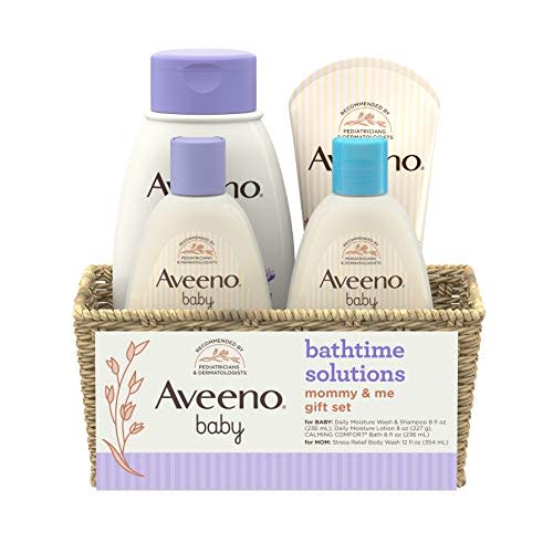 Aveeno Baby Mommy & Me Daily Bathtime Gift Set including Baby Wash & Shampoo, Calming Baby Bath & Wash, Baby Moisturizing Lotion & Stress Relief Body Wash for Mom, 4 Items