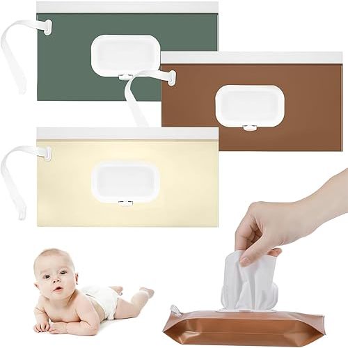 3 Pack Baby Wipe Holder,Wipe Dispenser, earth tone portable wipes dispenser/holder for diaper, Reusable Travel Baby Wipes Case, Reusable Wet Wipe Pouch for Outdoor Outing, Camping, household