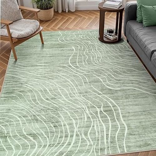 LIVEBOX Machine Washable Modern Abstract 6x9 Area Rug, Non Slip Large Bedroom Living Room Nursery Girl Rug Minimalist Wave Striped Neutral Boys Rug, Carpet for Dining Room Playroom(Sage Green,6'x9')
