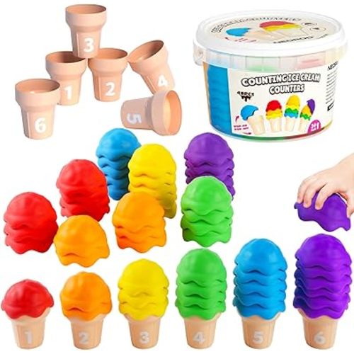 NEOROD Ice Cream Counting Toys for Toddlers 3-5 – Montessori Preschool Learning Set with 42 Scoops & 6 Cones | Color Sorting & Fine Motor Skills Stacker | Educational Math Game & Sensory Toys for Kids