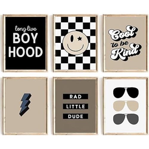 Boy Nursery Wall Art Decor Toddler Baby Boy Room Canvas Art Poster Black Checkered Smiley Poster Rad Little Dud Nursery Picture for Teen Playroom Prints Long Live Boyhood Artwork for Kids Bedroom Teen Boy Playroom Decor,Set of 6,8x10 Inch,Unframed
