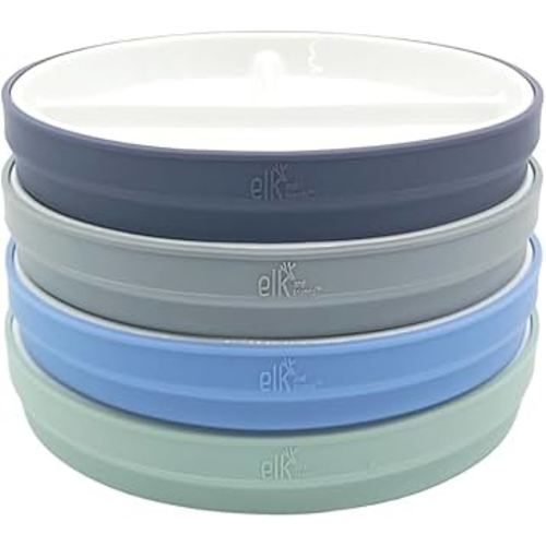 Elk and Friends Kids 7.8” Porcelain White Plates with Silicone Sleeves | Divided Plates | Suitable for Kids/Toddlers | Microwave & Dishwasher Safe | Non Slip | Snack Dishes