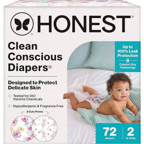 The Honest Company Clean Conscious Diapers for Delicate Skin, Up to 100% Leakproof Hypoallergenic Fragrance-Free Baby Diapers, Girl Prints, Club Box, Size 2 (12–18 lbs), 72 Count (Prints May Vary)