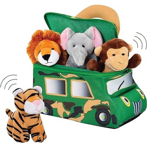 Bundaloo Plush Jungle Animals Set with Realistic Sound - Soft Stuffed Animal Toys with Safari Truck Carrier - Mini Tiger, Lion, Monkey, and Elephant