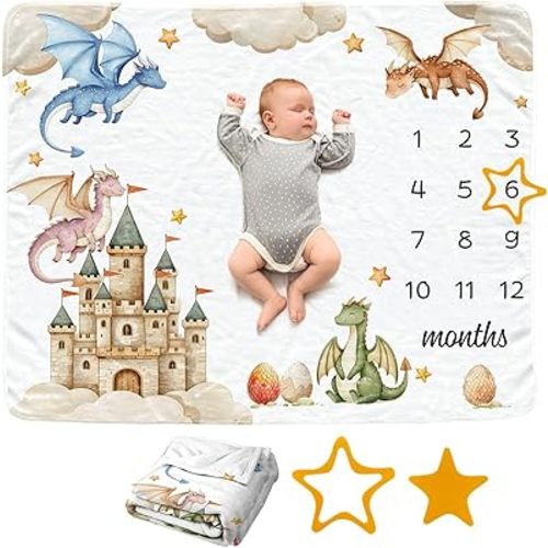 Dragon Baby Monthly Blanket for Boys, Castle Newborn Month Blanket, Soft Flannel Photography Background Prop, Personalized Shower Gift, Dragon