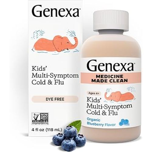 Genexa Kids' Cold & Flu Multi-Symptom Relief, Dye Free, 0% Artificial Additives, Children's Liquid Pain, Fever and Cough Medicine, for Kids 4-11, Delicious Organic Blueberry Flavor, 4 fl oz