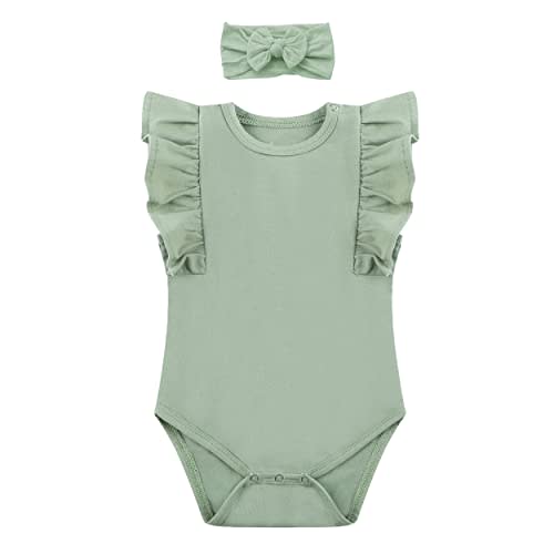 O2 BABY Organic Cotton Onesie Baby Girl Ruffle Romper Sleeveless Bodysuit Jumpsuit with Headband Outfit Set for Infant