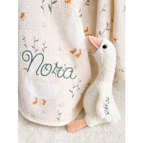 Personalized Goose Baby Gift Set | Embroidered Plush Goose & Muslin Swaddle | Neutral Newborn Gift | Baby Shower Gift | Gift Ready Set