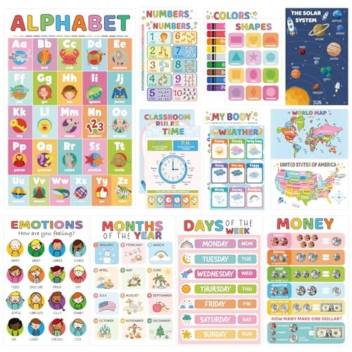 16 Learning Posters for Toddlers 1-3, Classroom Educational Posters | Kindergarten Preschool Essential Alphabet Number Chart Classroom Wall Decor