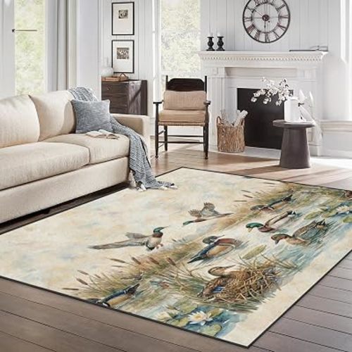 5x7 Area Rugs, Washable, Non Slip Backing, Mallard Watercolor