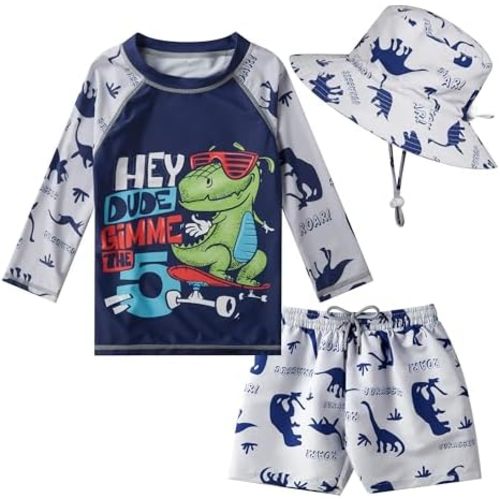 Baby Toddler Boys UPF 50+ Rashguard Set Swimsuit with Sun Hat Bathing Suit Swimwear for Beach Pool Sun Protection