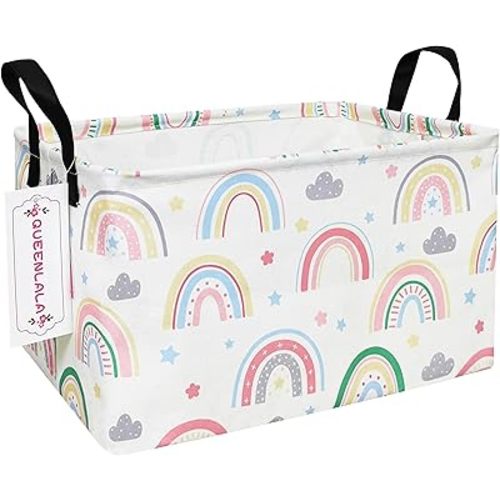 QUEENLALA Rectangular Laundry Hamper/Foldable Nursery Laundry Basket for Organizing/Storage Bin Baskets/Children Toy Office Bedroom/Toy Bin Closet Shelf Baskets（Rec-Rainbow）