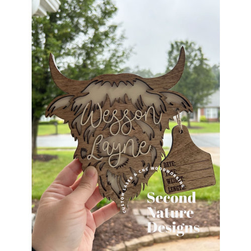 Baby Boy Highland Cow Birth Stats Sign / Nursery Announcement / Cattle Tag Hospital Boy / Wood Birth Sign / Western Baby Sign Cow Head