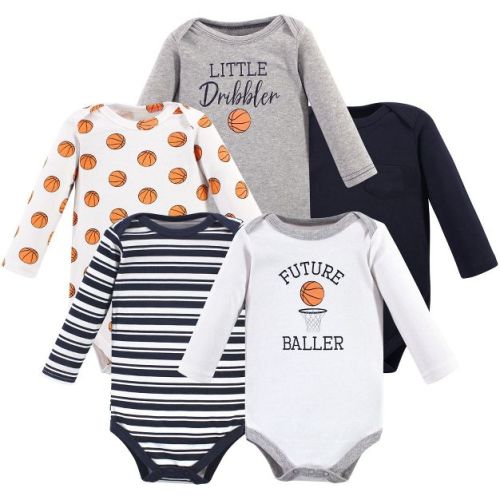 Hudson Baby Infant Boy Cotton Long-Sleeve Bodysuits 5pk, Basketball, 0-3 Months