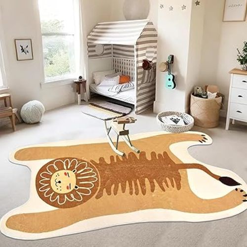 Lion Kids Rug 4x7Ft Soft Kids Play Mat for Boys Girls Bedroom, Lion Print, Jungle Animal Theme, Soft Washable Floor Mat for Playroom Nursery Classroom Living Room Decor, Brown