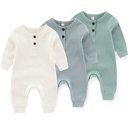 IADOER Newborn Baby Boys Girls One Piece Romper With Mitten Cuffs 3 Pack Long Sleeve Ribbed Button Jumpsuit Outfit Clothes