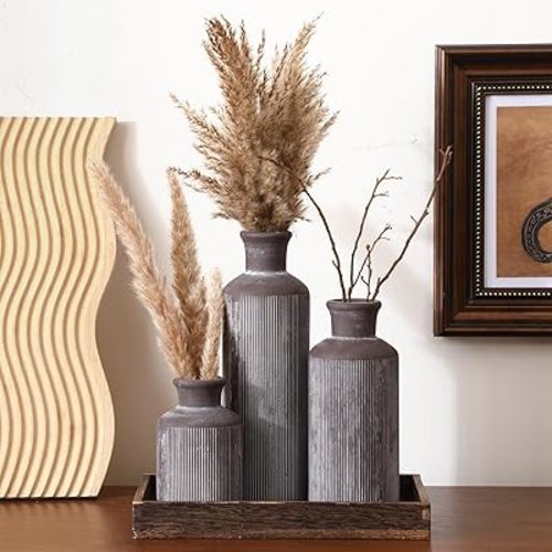 Set of 3 Ceramic Rustic Farmhouse Vase Terracotta Vases Pottery Table Centerpiece for Bouquet Pampas Grass Dried Fresh Flowers Living Room Kitchen Bedroom Bathroom