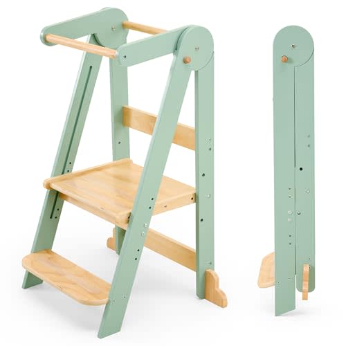 HARPPA Nordi Foldable Toddler Kitchen Tower, Montessori Kitchen Stools Helper, Standing Tower with 3 Adjustable Heights, Suitable Age for 2-6 Years, Sage
