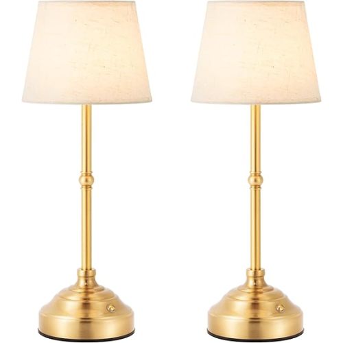 keysays 2 Pack Cordless Table Lamp, Rechargeable Desk Lamp with Fabric Shade, Battery Operated Lamp 3 Color Stepless Dimming, Small Touch Bedside Lamp Home Decor for Dining, Counter (Brushed Gold)