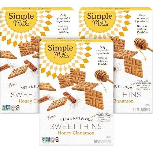 Simple Mills Honey Cinnamon Seed & Nut Flour Sweet Thins, Paleo Friendly & Delicious Sweet Thin Cookies, Good for Snacks, Nutrient Dense, 4.25 oz, 3 Count