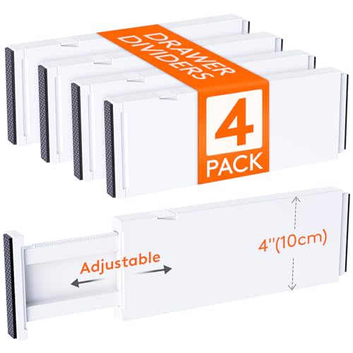 Lifewit 4 Pack Drawer Divider 4" High,11-17" Drawer Dividers for Clothes, Adjustable Clothing Drawer Organizers, Expandable White Dresser Drawer Separators for Bedroom, Bathroom, Vanity, Office