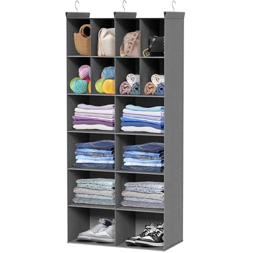 6 Tier Hanging Closet Organizer, 16 Compartments Sweater Organizer for Closet with 3 Sturdy Hooks, Closet Organizers and Storage, Wardrobe, Rv, Garment Rack, Grey