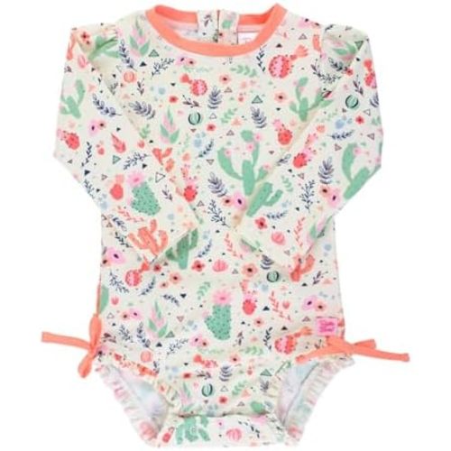 RuffleButts Baby Girls UPF 50+ Sun Protection Floral Printed Long Sleeve One Piece Rash Guard Swimsuit with Zipper