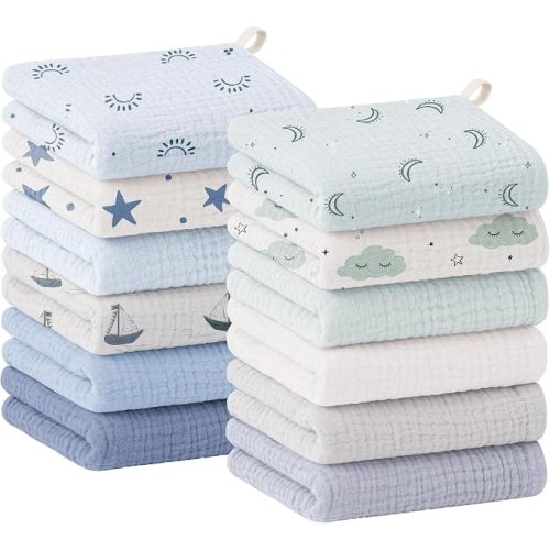 Bearmoss 12 Pack Baby Muslin Washcloths, 100% Cotton Soft Face Towels, 10"x10" Absorbent Bath Wash Cloths and Burp Cloths for Newborn Infants Kids Girls & Boys (Blue)