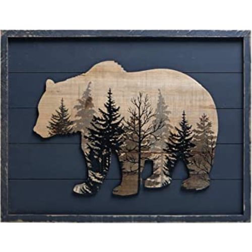 NIKKY HOME Cute Bear in The Forest Decorative Wood Framed Wall Art Prints Cabin Decor, 21" x 16", Gray