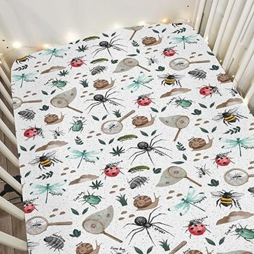Hunt Baby Crib Sheets for Boy Girl 52"x28" Bees Snails Dragonflies Soft Stretchy Fitted Crib Mattress Covers Outdoors Explore Nursery Baby Sheet for Standard Crib & Toddler Mattress Pad