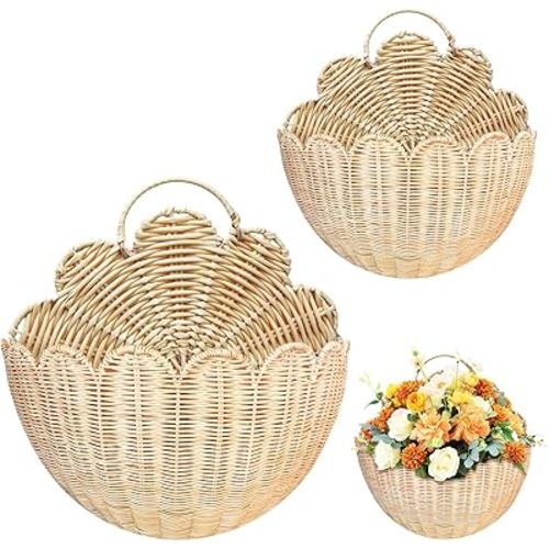 2 Pack Handwoven Scalloped Wall Baskets with Metal Frame, Decorative PP Woven Storage for Home, Bathroom, Living Room – 16 x 10 x 7 in & 13 x 6 x 3 in (Natural)