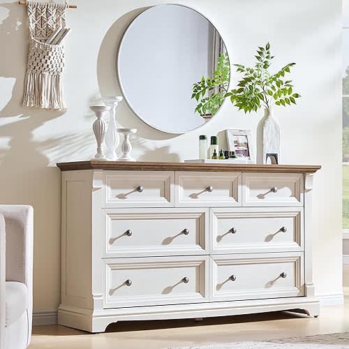 Farmhouse 7 Drawers Dresser for Bedroom, 54" Wide Wood Drawers for Nursery