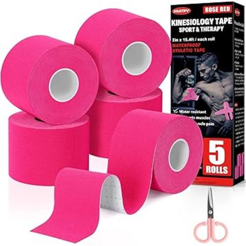 5 Rolls Kinesiology Tape, 2 inch x 16.4 Feet Waterproof Athletic Tape, Uncut Kinetic Tape, Muscle Tape, Sports Tape, Knee Tape for Exercise and Daily Use - Rose Red