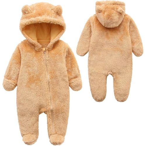 Baby Furry Jumpsuit Infant Bear Onesies Zipper Long Sleeve One-Piece Romper Hoodie Baby Outwear Snowsuit