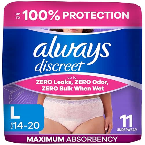 Always Discreet Reimagined Adult Diapers for Women, Maximum Absorbency Incontinence and Postpartum Underwear Size L, Up to 100% Leak Free Bladder Leak Protection, 11 Count​