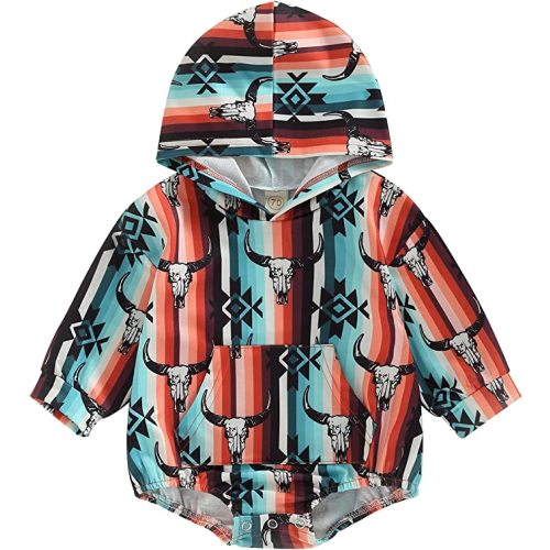 Baby Boy Girl Fall Winter Clothes Cow Print Hooded Sweatshirt Romper Long Sleeve Onesie Shirt Western Outfit - Rainbow - 0-6 Months