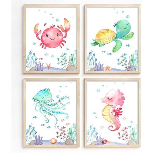 Watercolor Sea Marine Life Wall Art Prints,Sea Animals Prints Ocean Creatures Turtle,octopus,Hippocampus,Crab,Posters for Baby Nursery Kids Room Wall Decor Children's Bathroom Decor,Set of 4(8" X 10"