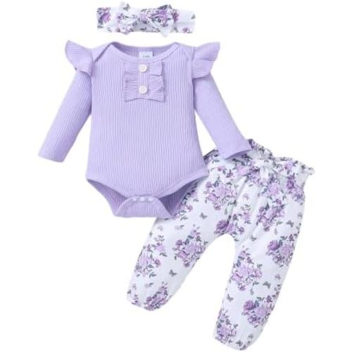 Newborn Baby Girls Clothes Ribbed Ruffled Romper+Floral Pants+Headband Infant Outfit Set