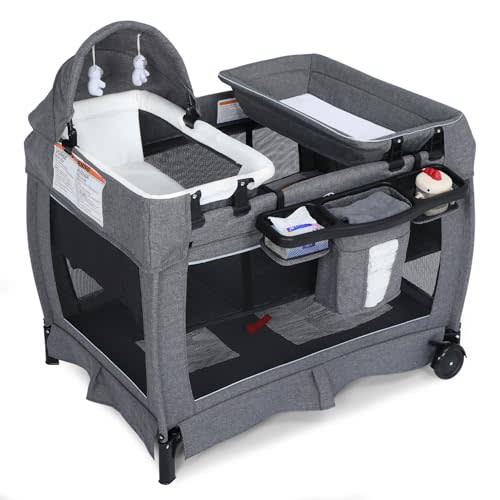 TODEFULL 4 in 1 Foldable Pack and Play with Bassinet & Changing Table | Portable Travel Baby Playpen for Babies and Toddlers, Baby Play Yard with 4 Side Breathable Mesh, Sleep Nest, Storage Basket