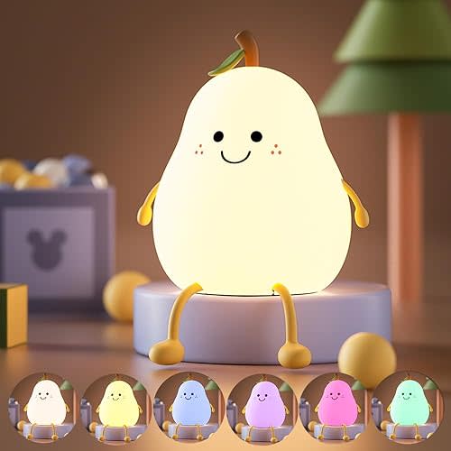 Led Cute Pear Night Light, Dimmable Nursery Lamps, Super Squishy Silicone USB Rechargeable Touch Control 7 Colors Night Lamp for Kids Adults, Used for Camping Party Room Decor(Pear)