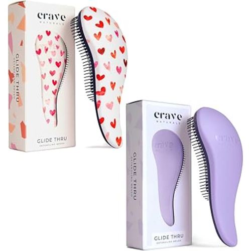 Crave Naturals Glide Thru Detangling Hair Brush for Adults and Kids - Detangler Hairbrush for Curly or Straight, Wet or Dry Hair - Gentle on Tangles Comb - Purple and Pink Hearts (Pack of 2)